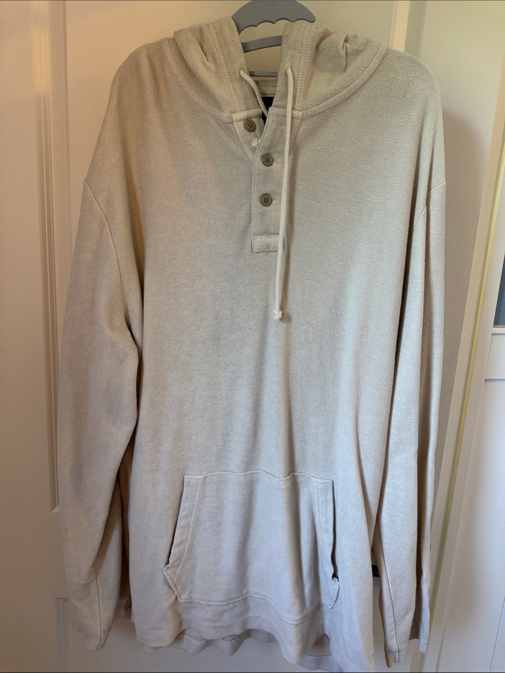 American Eagle Men’s Cream Hooded Henley Pullover - Relaxed Lightweight Hoodie